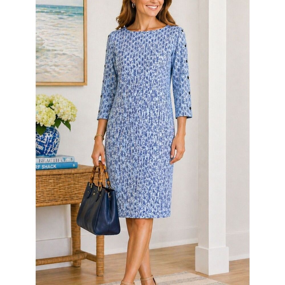 J McLaughlin Blue Geometric Print Shift Dress Size L Button Sleeve